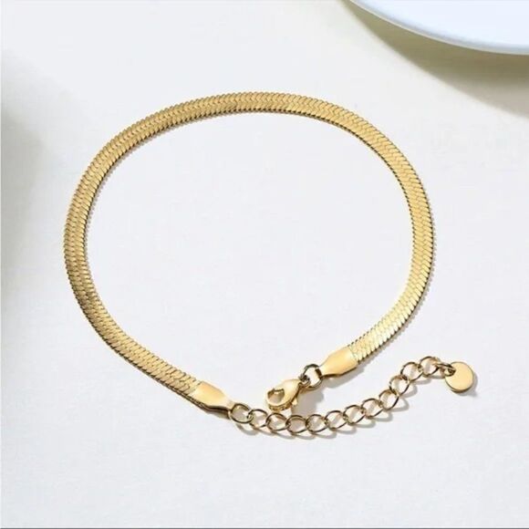 New Gold Herringbone Chain Anklet Waterproof Snake Chain Smooth Ankle Bracelet - Picture 5 of 6